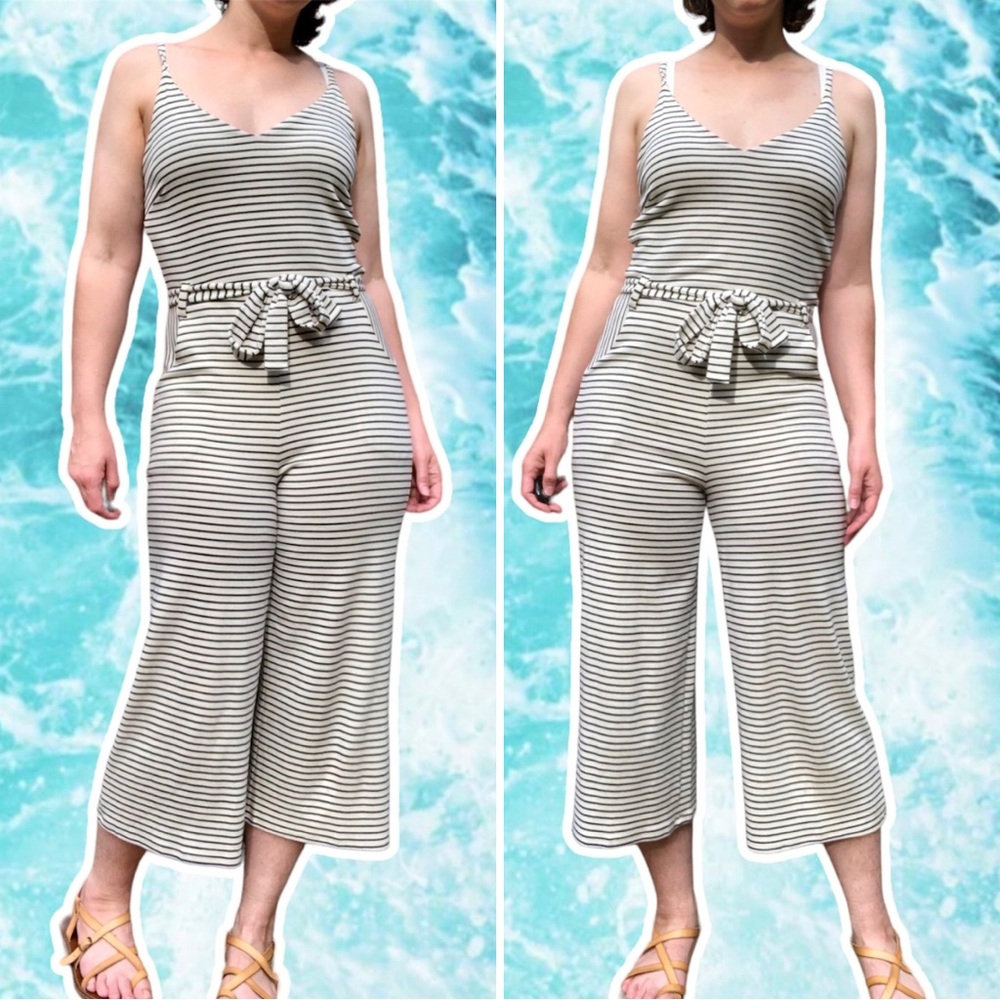 Sleeveless Nautical Sailor Stripe Capri Jumpsuit with Pockets, Size M